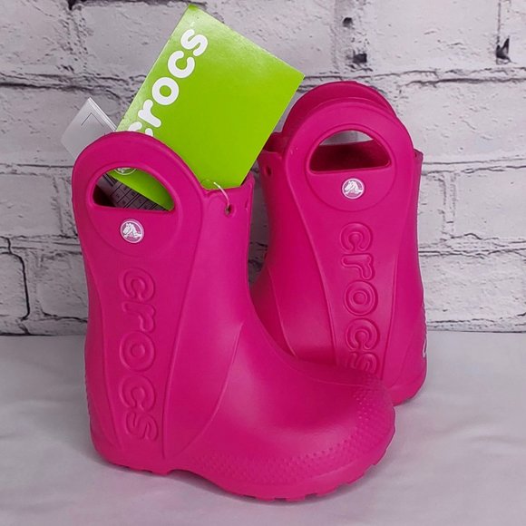 'CROCS' RAIN BOOTS 'HANDL IT' SIDE CUT OUT, EASY PULL~ON, TODDLER 7, CANDY PINK - Picture 1 of 16